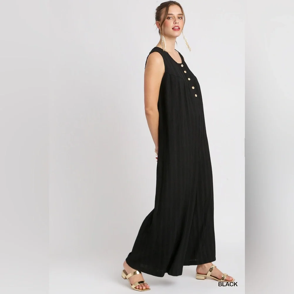 Umgee Black Sleeveless Wide-Leg Jumpsuit with Gold Buttons - Picture 4 of 12